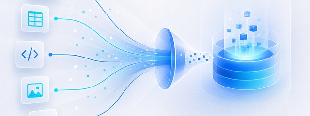 Ilustração de ingestão multi-fonte: conectores convergindo para base de conhecimento