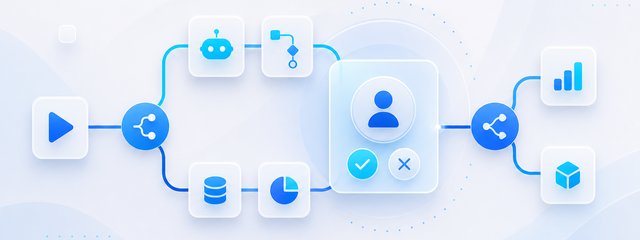 Ilustração de workflows com agentes e pontos de aprovação humana